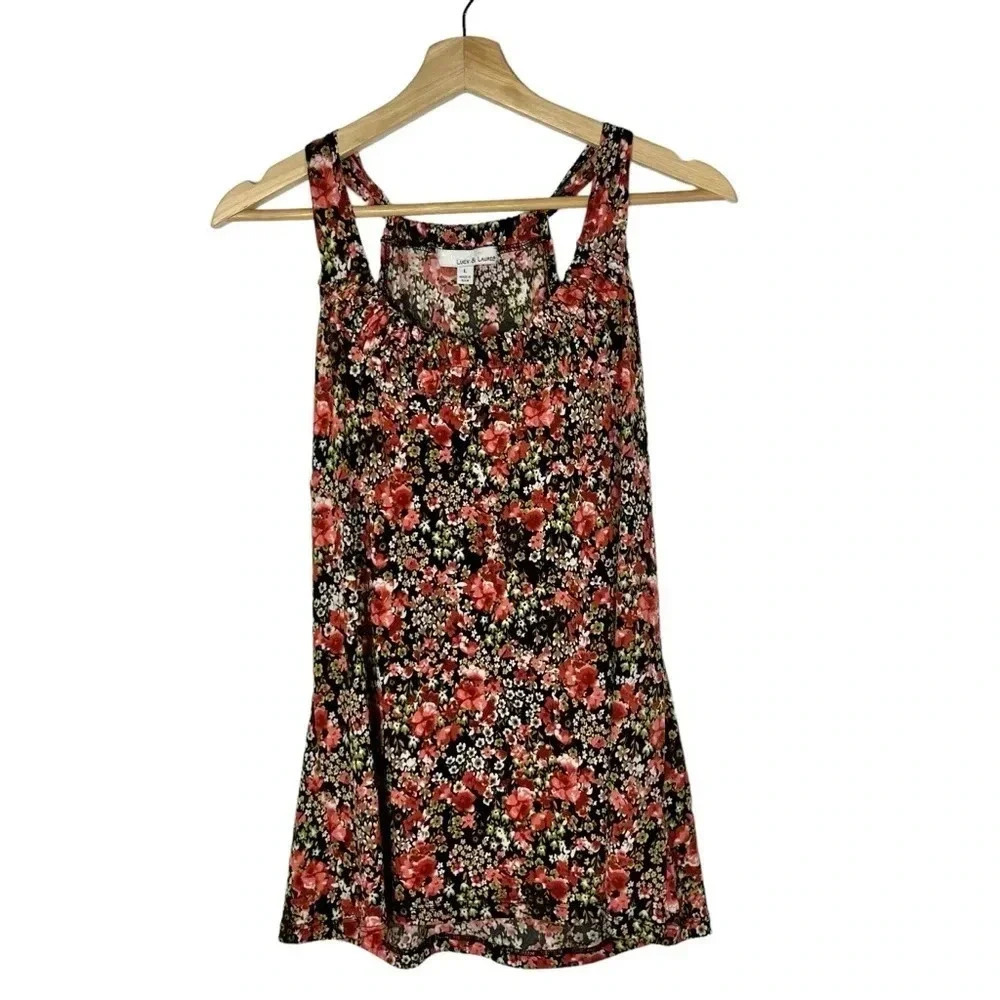 Lucy & Laurel Black & Red Floral Sleeveless Scoop Neck Tank Top L